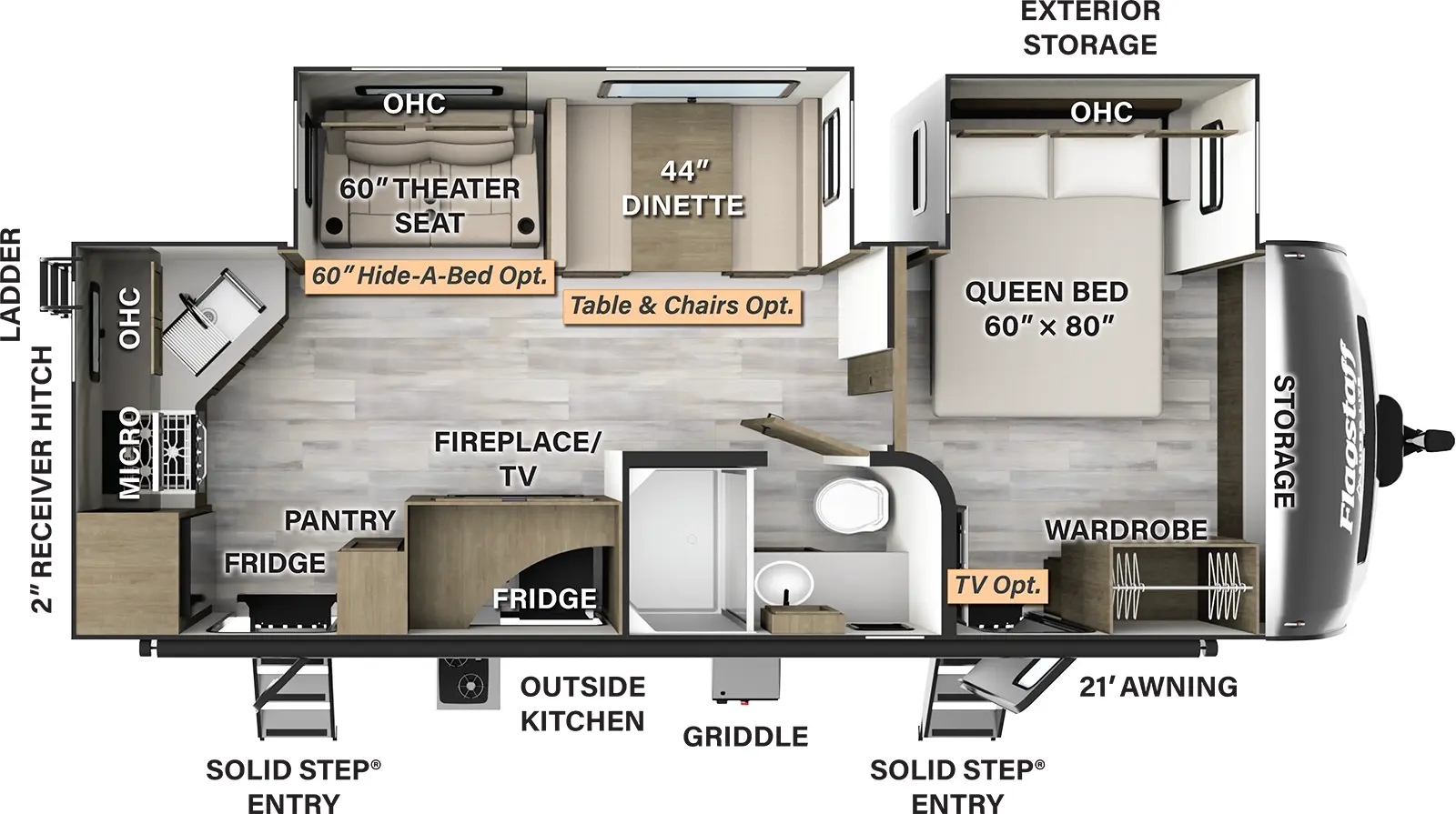 The 26RKBS has two slideouts and two entries. Exterior features a 21 foot awning, solid step entries, outside kitchen with refrigerator, exterior storage, griddle, rear ladder, and 2 inch receiver hitch. Interior layout front to back: front bedroom with front storage, door side entry and wardrobe, and off-door side queen bed slideout with overhead cabinets (TV optional); door side full bathroom; off-door side slideout with dinette (table and chairs optional) and theater seating (hide-a-bed optional) with overhead cabinet; door side TV and fireplace, pantry and second entry; rear kitchen with sink, microwave, cooktop, refrigerator, and overhead cabinets.